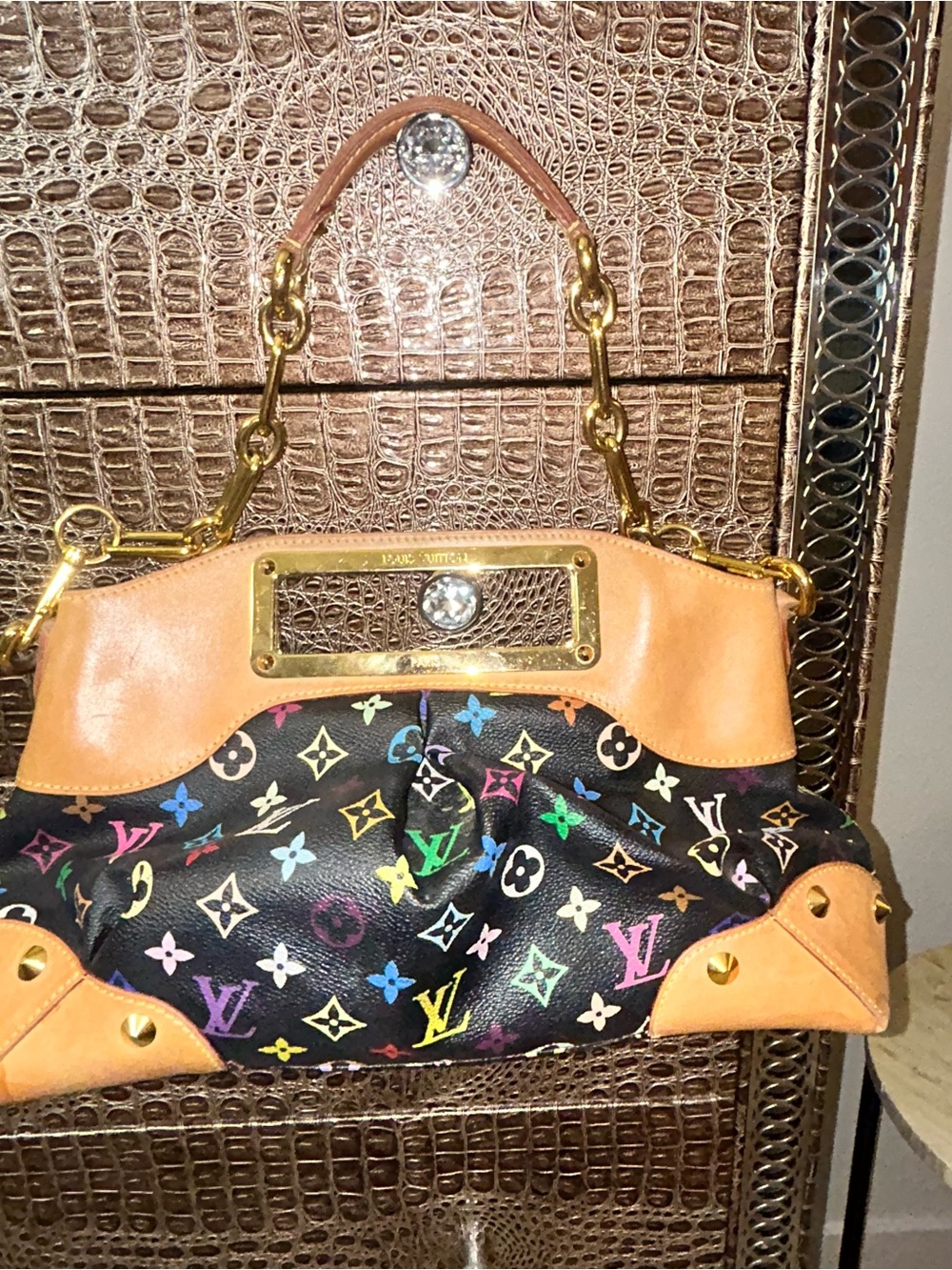 Louis Vuitton Black Multicolor Monogram Shoulder Bag with Tan Leather Trim